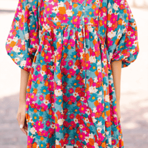 Sky Blue Floral Print Tie Split Neck Bubble Sleeve Babydoll Dress