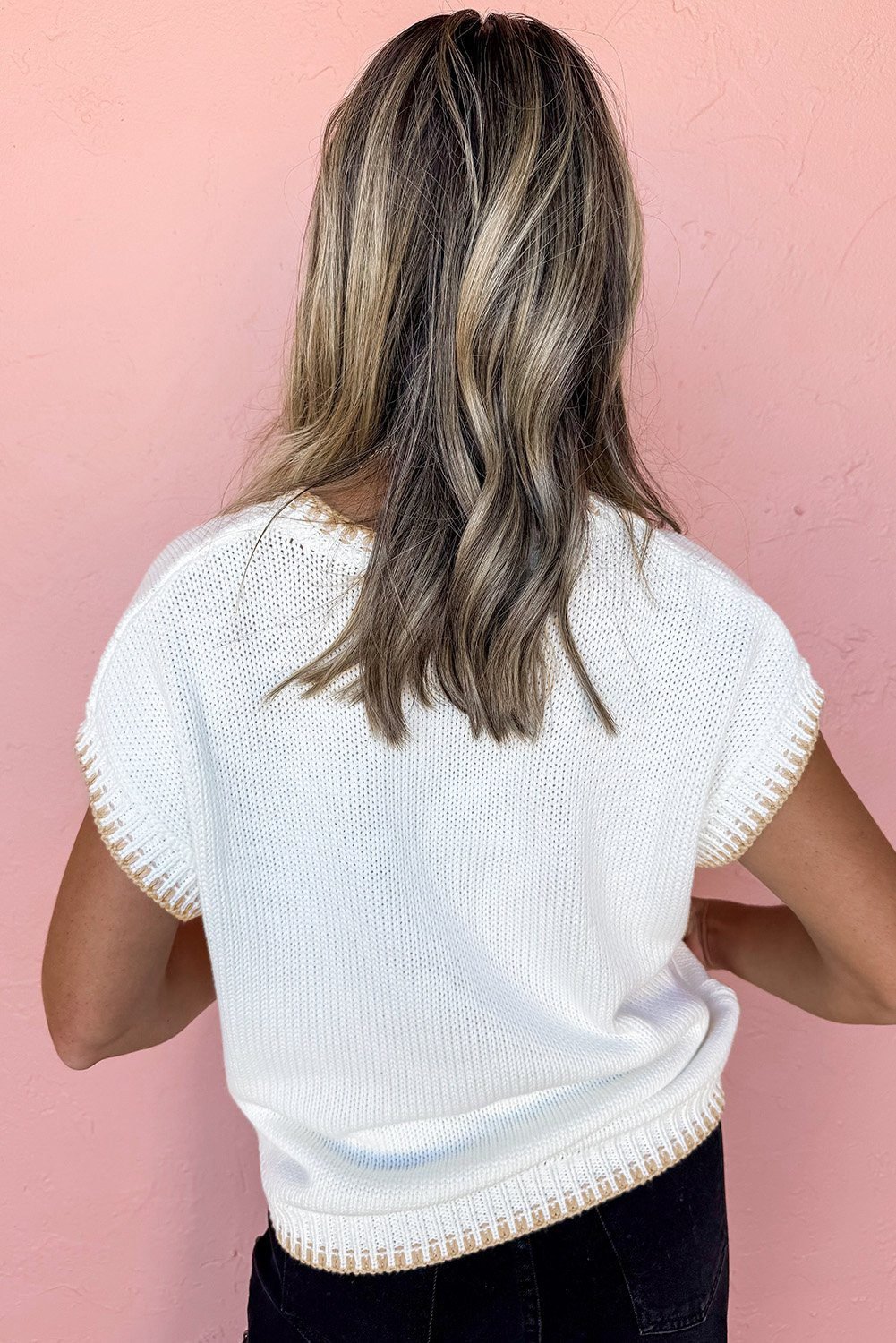 White Knitted Yeehaw Stitch Edge Crew Neck Sweater T Shirt