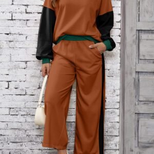 Chestnut 2Pcs Color Block Pullover Loose Pant Set