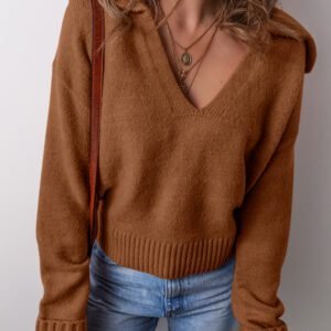 Chestnut Collared V Neck Ribbed Edge Sexy Elegant Sweater