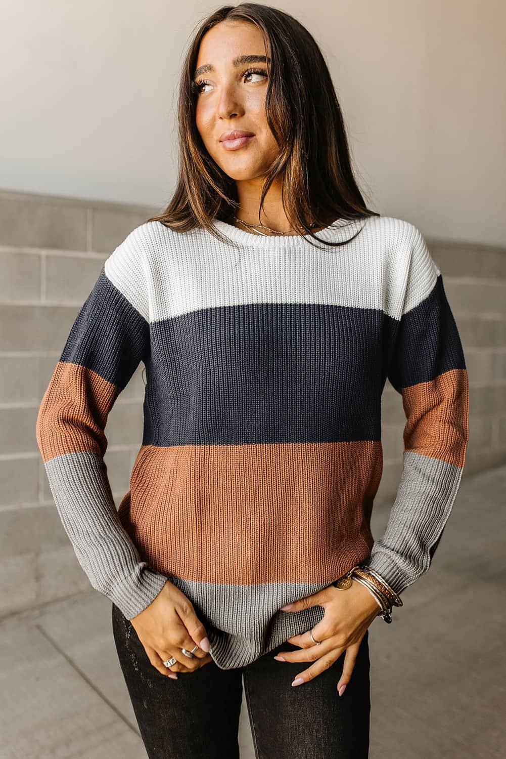 Chestnut Color Block Knitted O-Neck Pullover Sweater
