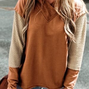 Chestnut Contrast Sleeves Patchwork Colorblock Hoodie