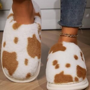 Chestnut Cow Spot Printed Plush Home Slippers