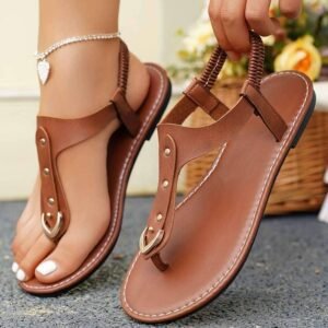 Chestnut Faux Leather Hollow Out Clip Toe Flat Sandals