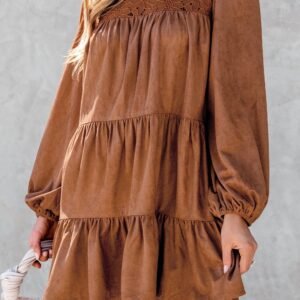 Chestnut Floral Lace Crochet Tiered Ruffled Mini Dress