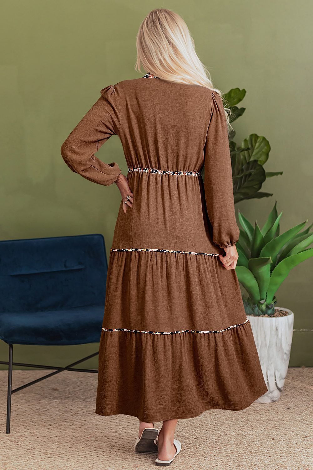 Chestnut Floral Patchwork Detail Notched Neck Long Sleeve Maxi Dress