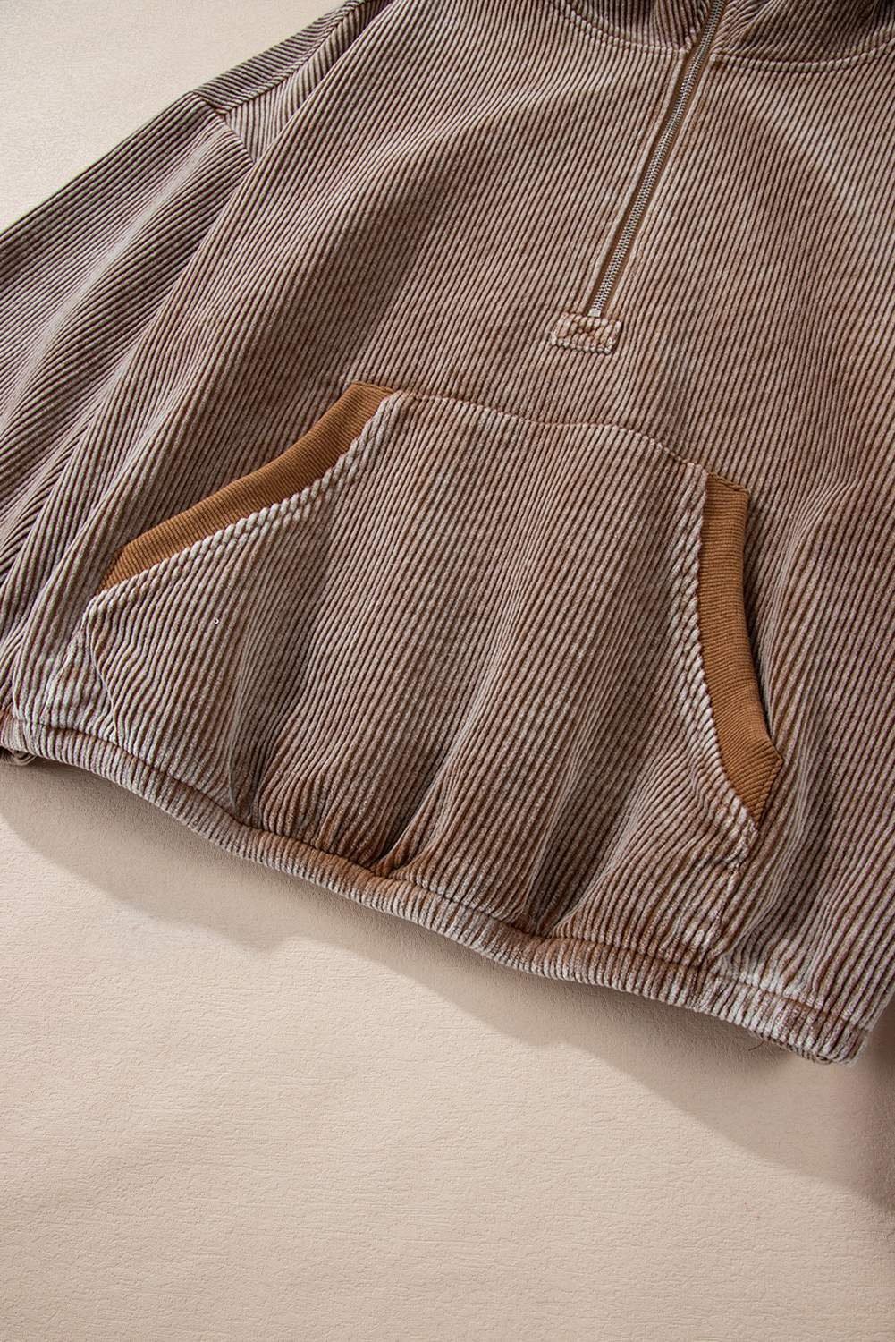Chestnut Half Zipper Kangaroo Pocket Drawstring Corduroy Hoodie