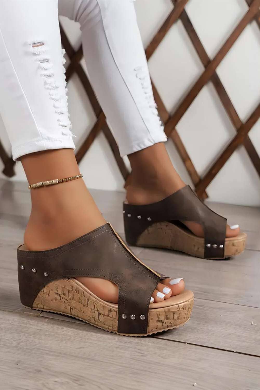 Chestnut Hollow Out Studded Pu Leather Wedge Slippers