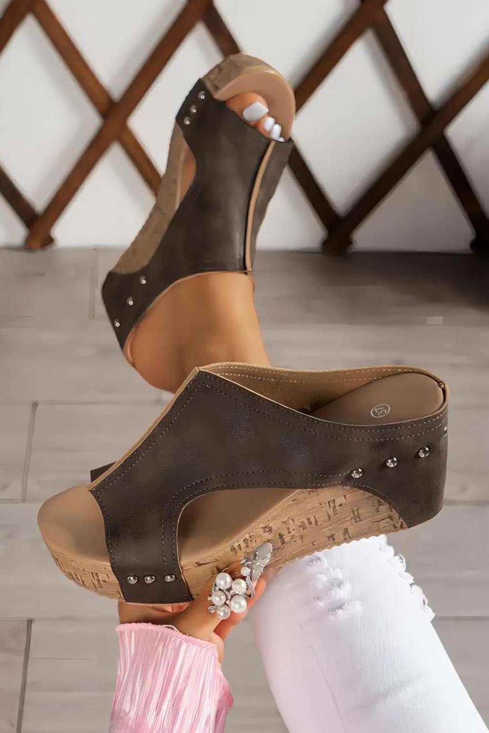 Chestnut Hollow Out Studded Pu Leather Wedge Slippers