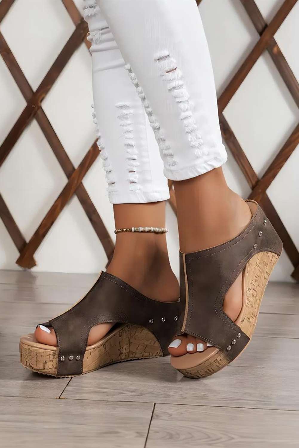 Chestnut Hollow Out Studded Pu Leather Wedge Slippers