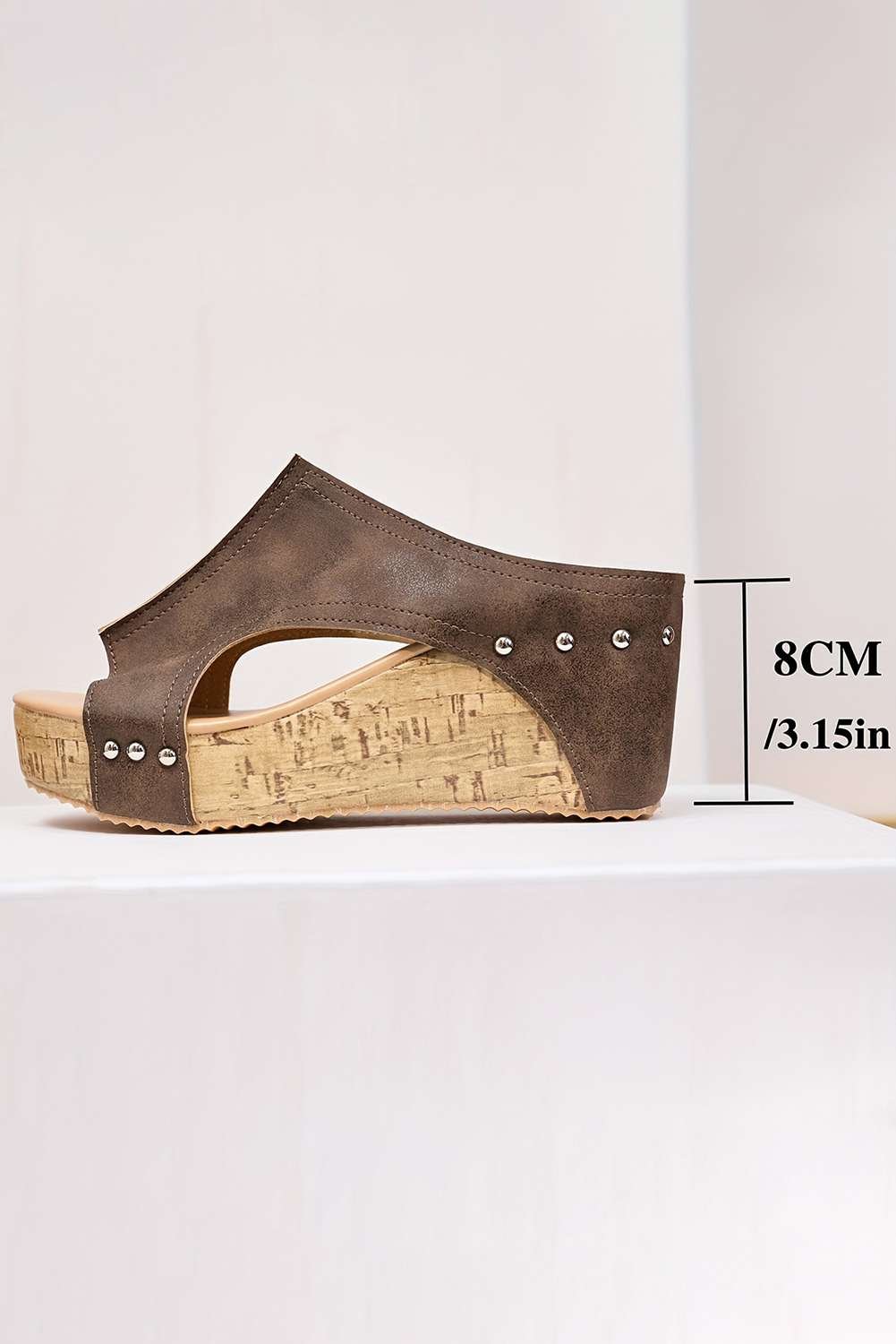 Chestnut Hollow Out Studded Pu Leather Wedge Slippers