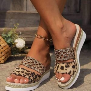 Chestnut Leopard Print Braided Details Wedge Slippers