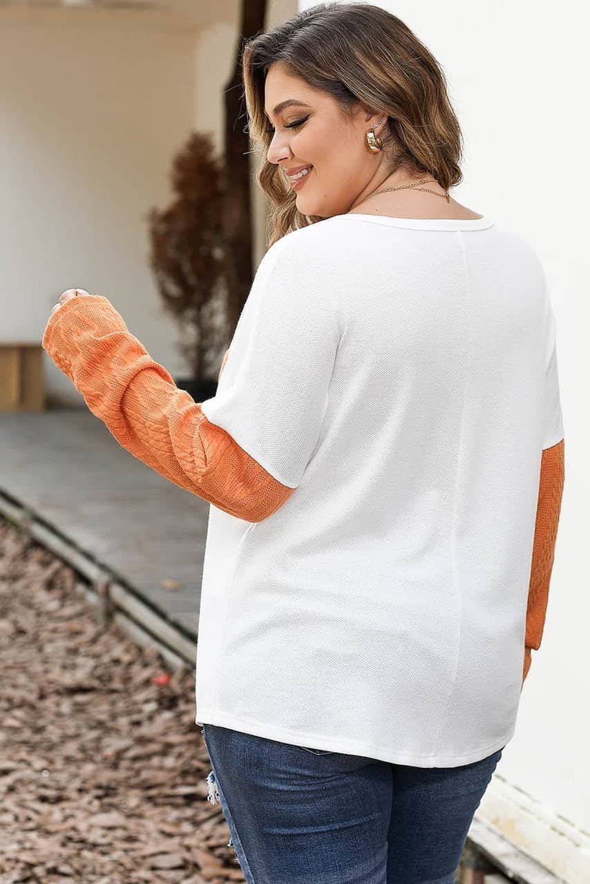 Chestnut Plus Size Color Block Textured Patchwork Top With Pocket