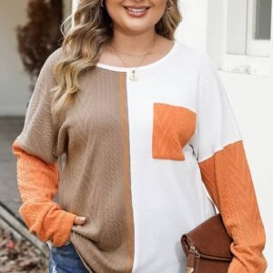 Chestnut Plus Size Color Block Textured Patchwork Top With Pocket