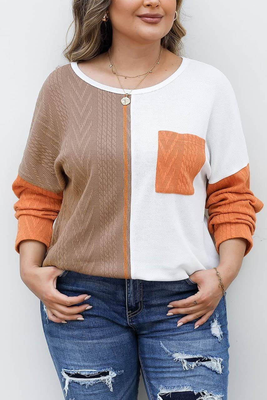 Chestnut Plus Size Color Block Textured Patchwork Top With Pocket
