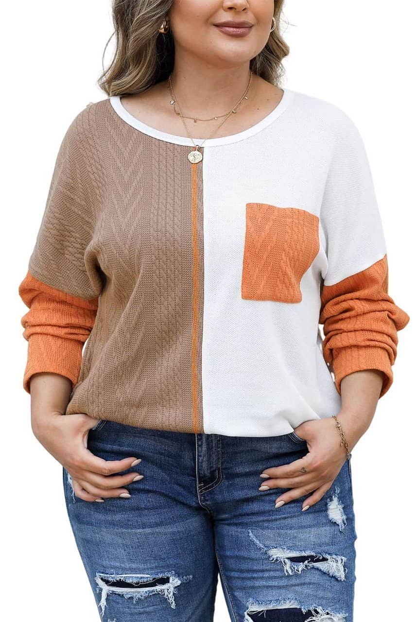 Chestnut Plus Size Color Block Textured Patchwork Top With Pocket