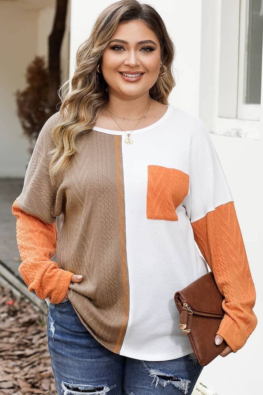 Chestnut Plus Size Color Block Textured Patchwork Top With Pocket