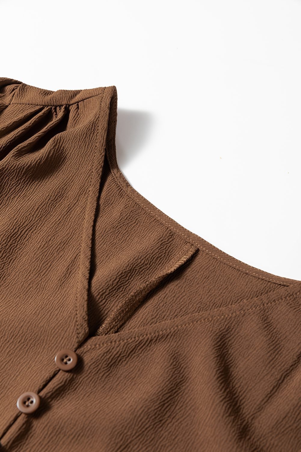 Chestnut Solid Long Sleeve Button V Neck Tiered Maxi Dress