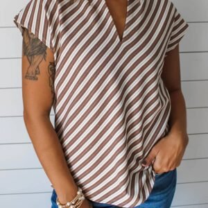 Chestnut Striped Stand V Neck Short Sleeve Blouse