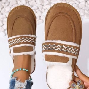 Chestnut Suede Wavy Striped Plush Lined Slippers (Run Small,  Size Up)