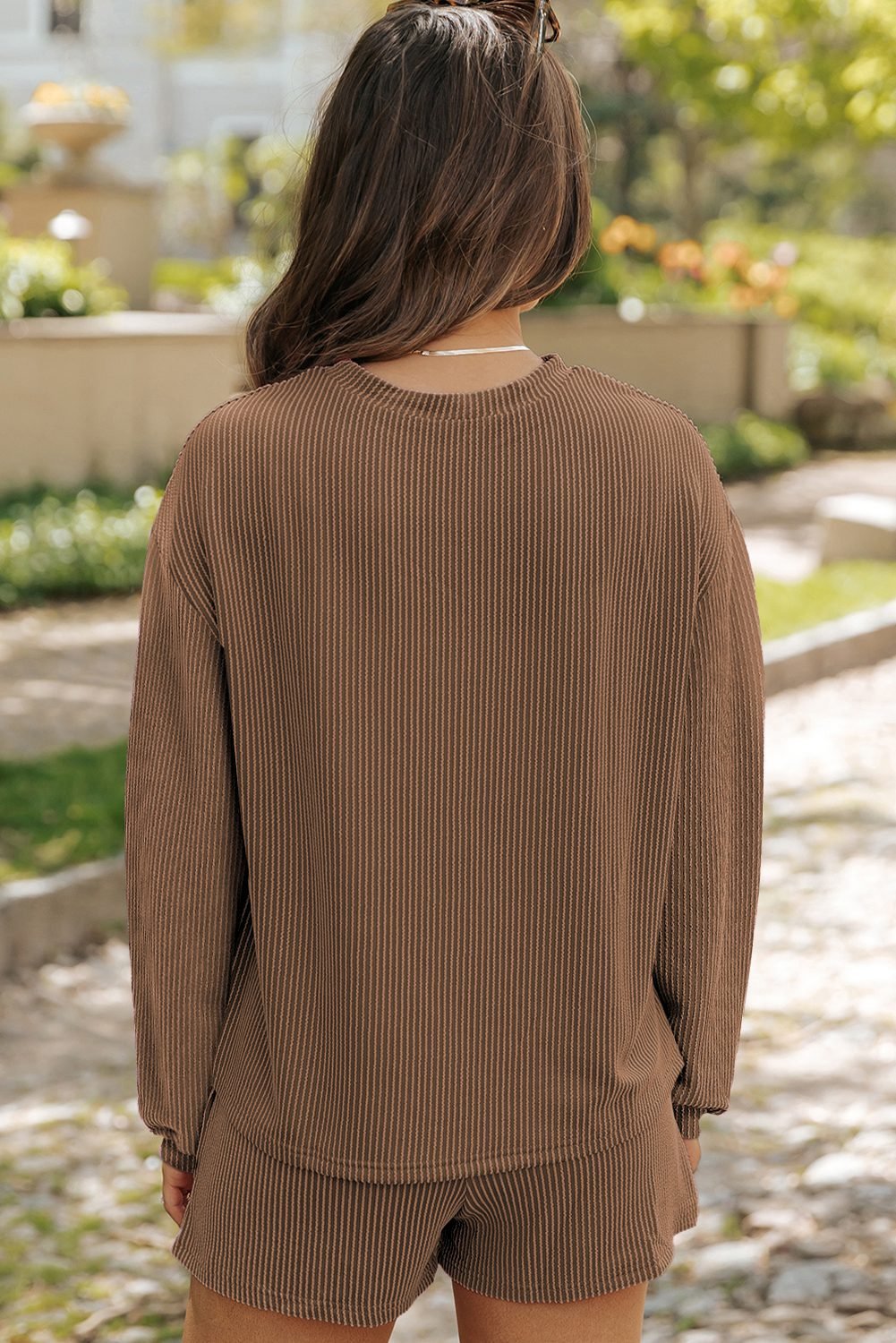 Chestnut Twisted Ribbed Sequin Mallard Graphic Long Sleeve Top And Short Set