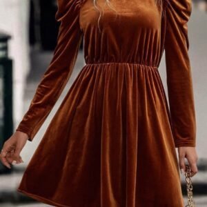 Chestnut Velvet Frilled Neck Gigot Sleeve Swing Dress