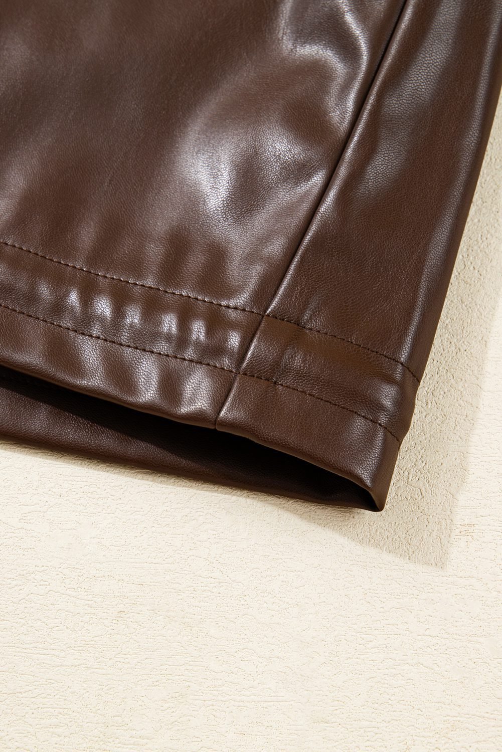 Chicory Coffee Double Flap Pocket Drawstring Hem Leather Jacket