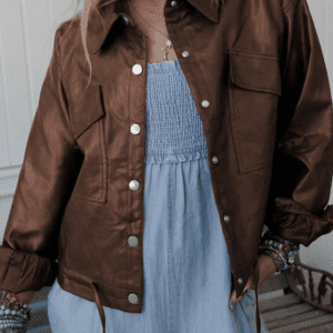 Chicory Coffee Double Flap Pocket Drawstring Hem Leather Jacket