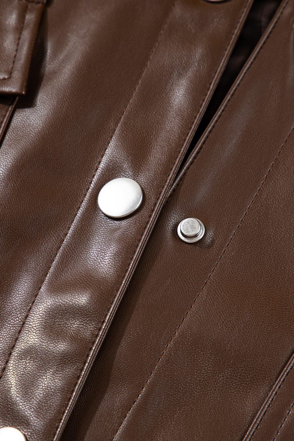 Chicory Coffee Double Flap Pocket Drawstring Hem Leather Jacket