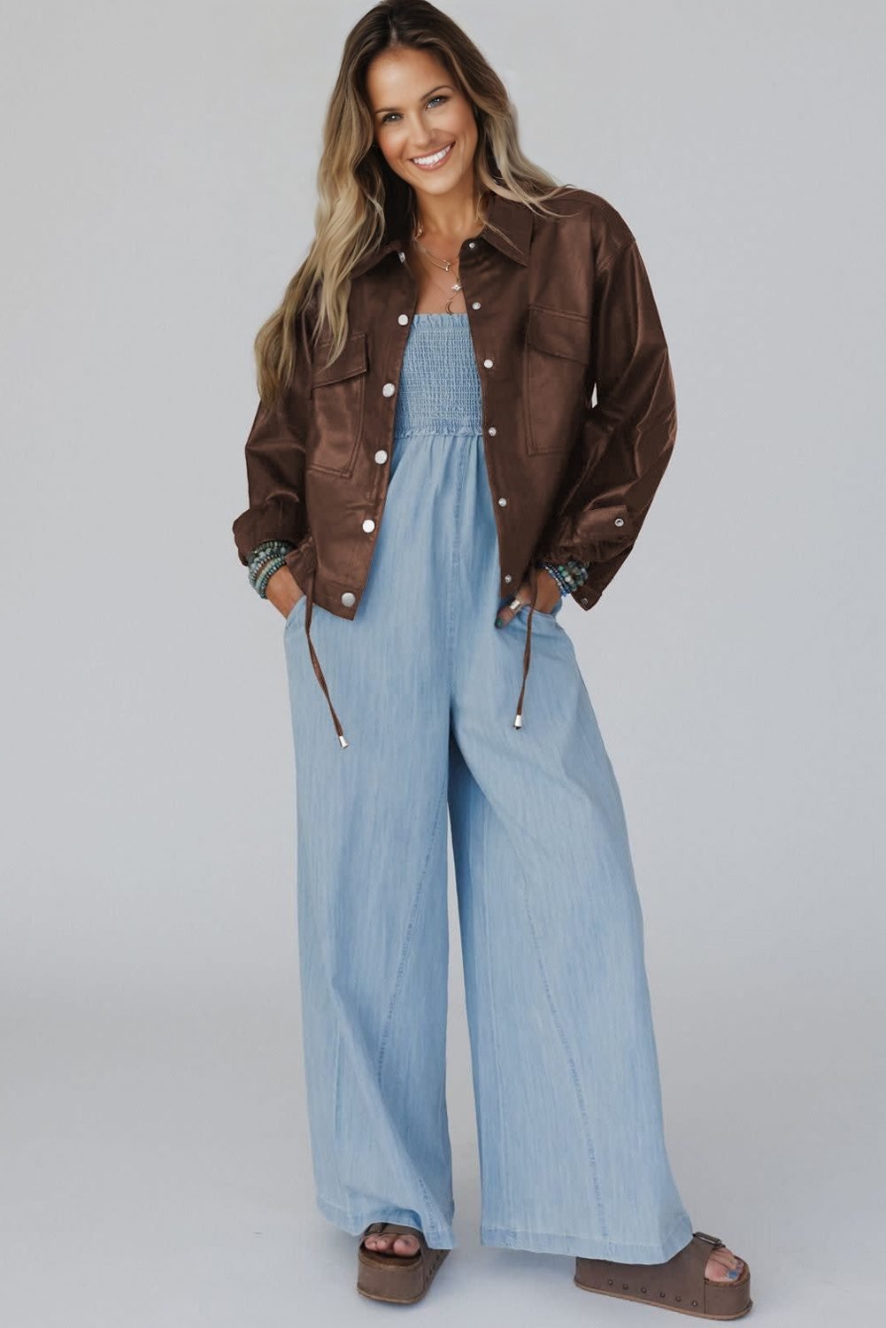 Chicory Coffee Double Flap Pocket Drawstring Hem Leather Jacket