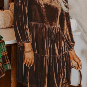 Chicory Coffee Solid Color Velvet V Neck Long Sleeve Tiered Mini Dress