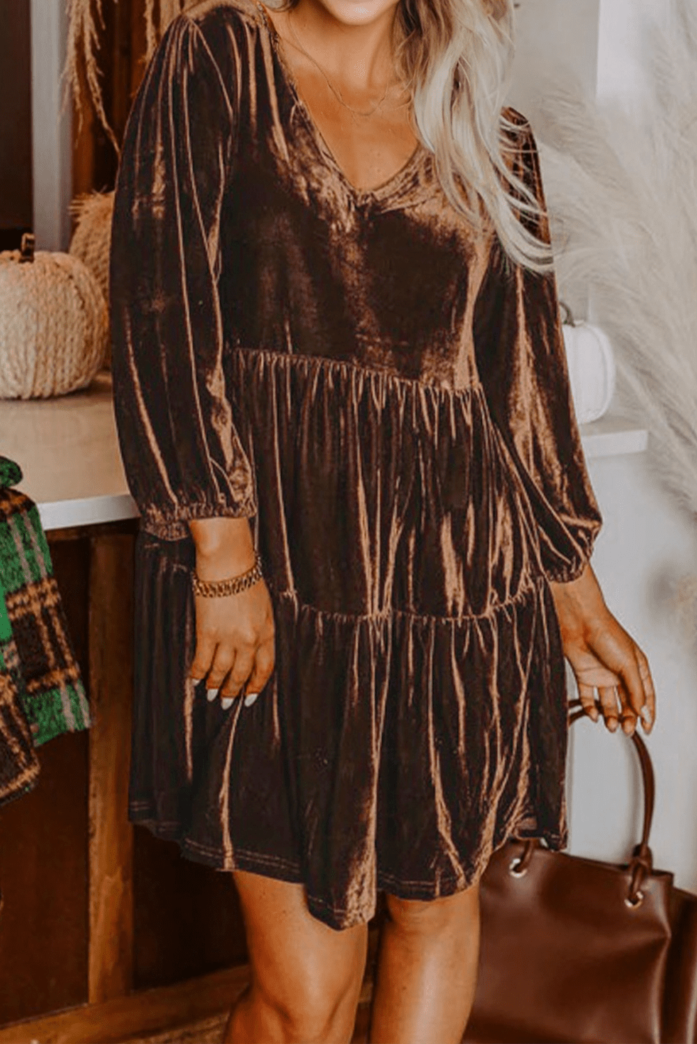 Chicory Coffee Solid Color Velvet V Neck Long Sleeve Tiered Mini Dress