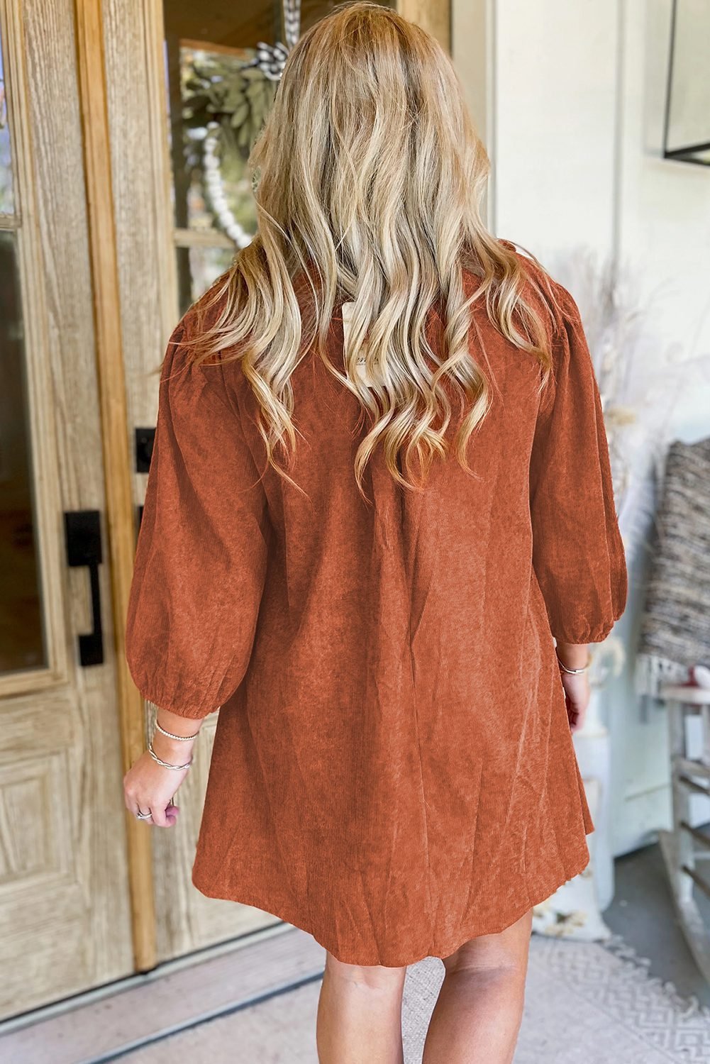Cinnamon Bracelet Sleeve Split Neck Scallop Detail Pleated Corduroy Mini Dress