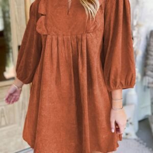 Cinnamon Bracelet Sleeve Split Neck Scallop Detail Pleated Corduroy Mini Dress