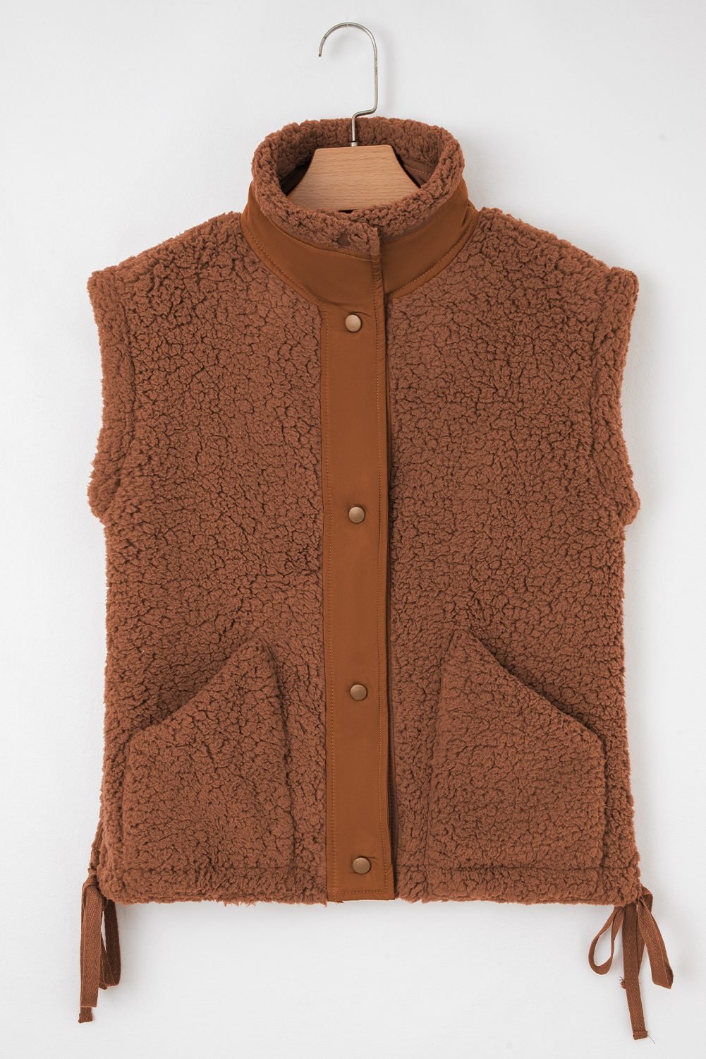 Cinnamon Faux Fur Snap Button Front Knot Side Plush Vest With Pockets