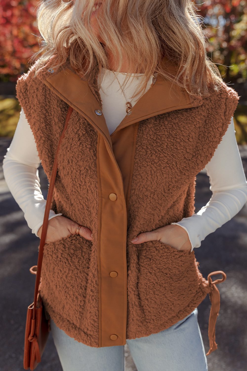 Cinnamon Faux Fur Snap Button Front Knot Side Plush Vest With Pockets