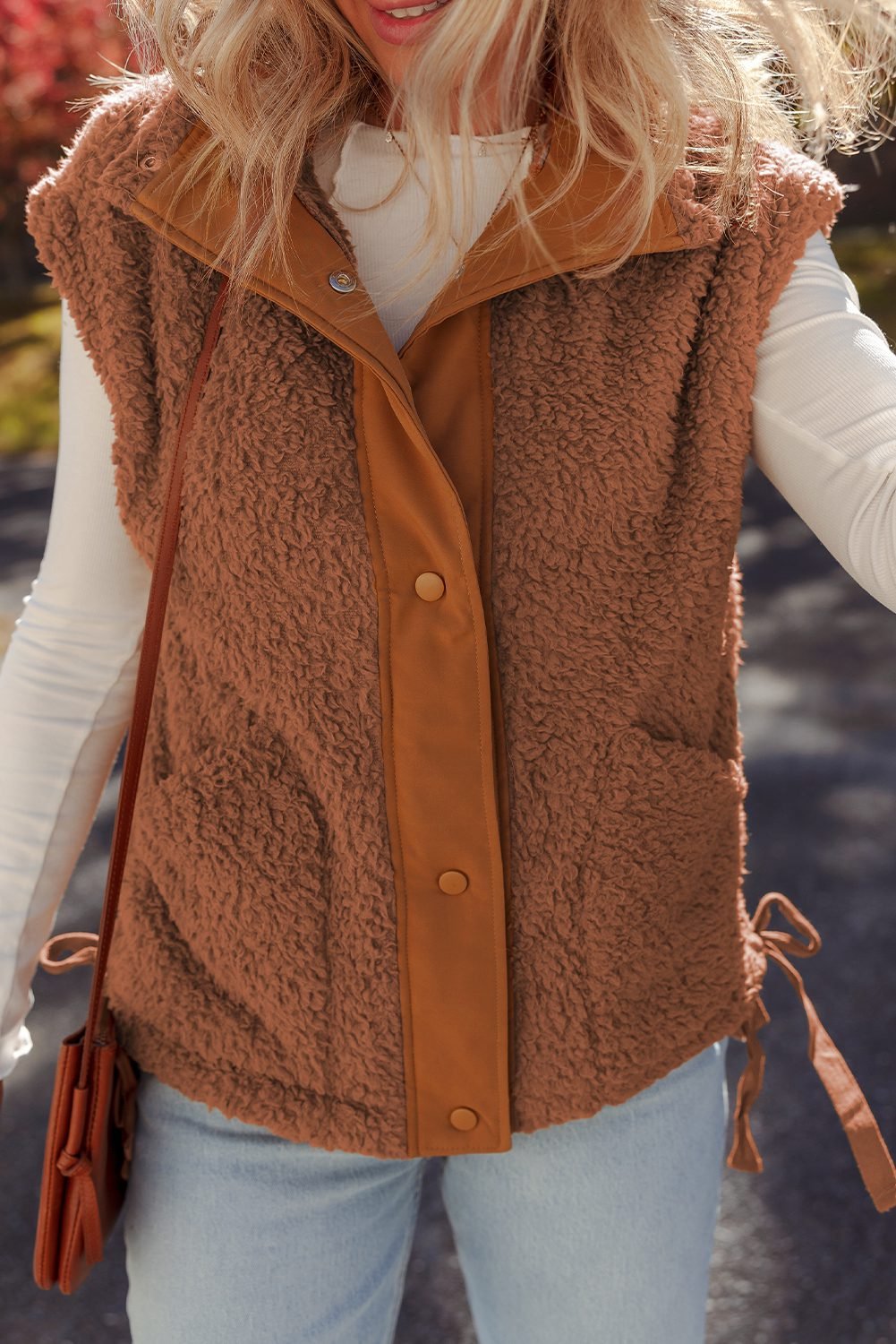 Cinnamon Faux Fur Snap Button Front Knot Side Plush Vest With Pockets