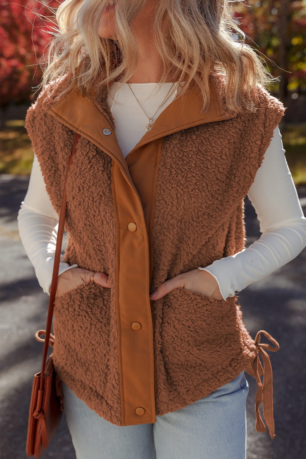 Cinnamon Faux Fur Snap Button Front Knot Side Plush Vest With Pockets