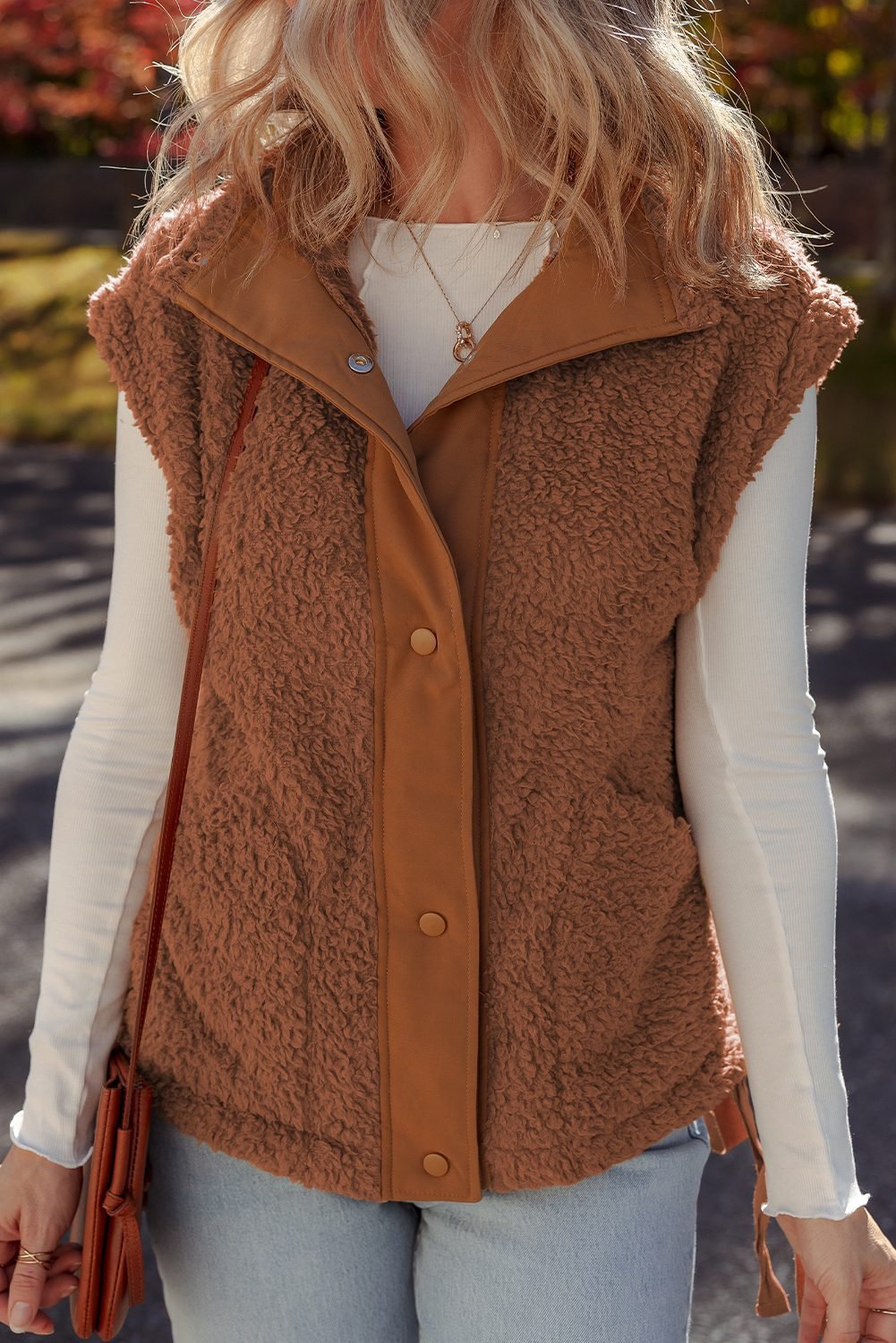 Cinnamon Faux Fur Snap Button Front Knot Side Plush Vest With Pockets