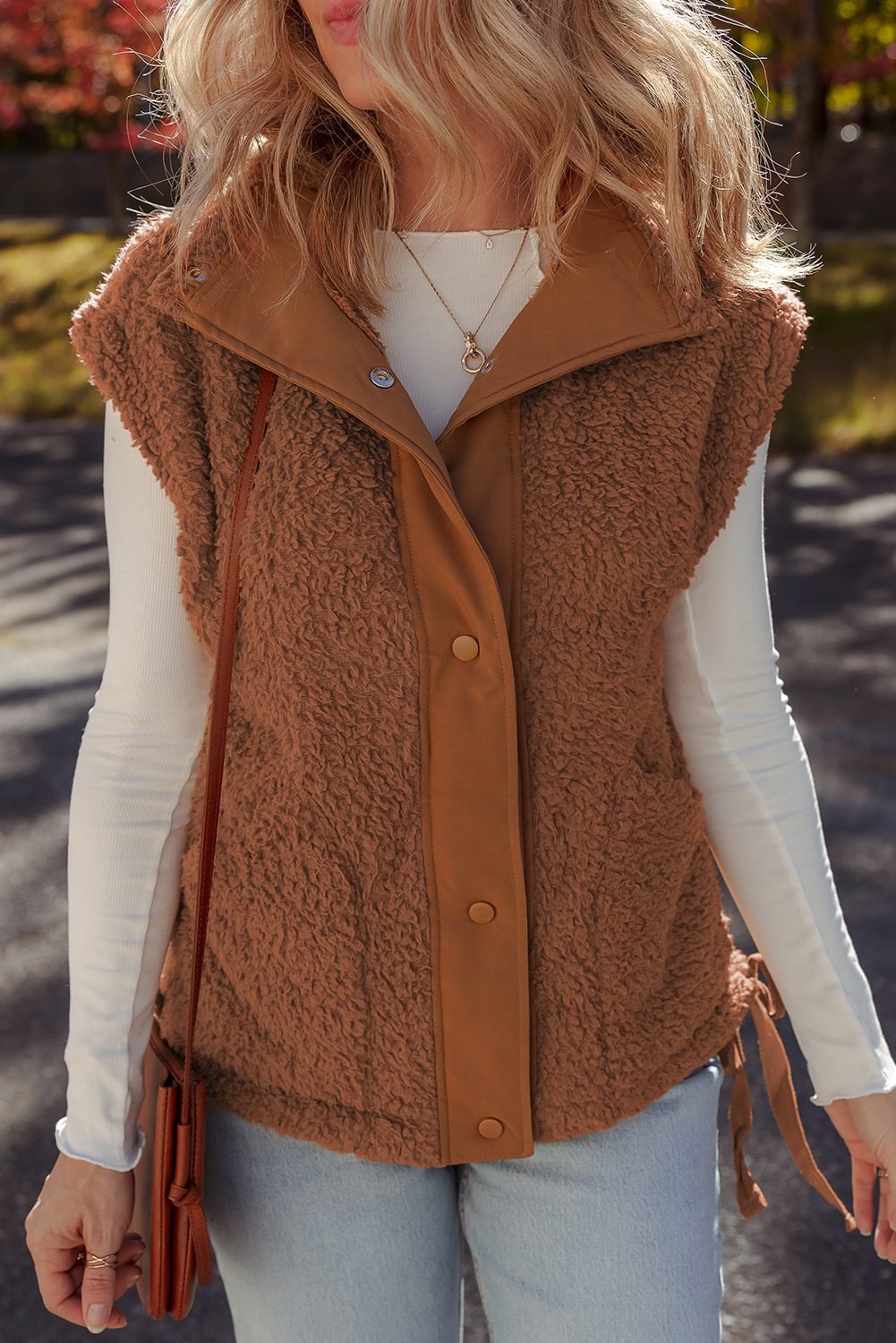 Cinnamon Faux Fur Snap Button Front Knot Side Plush Vest With Pockets