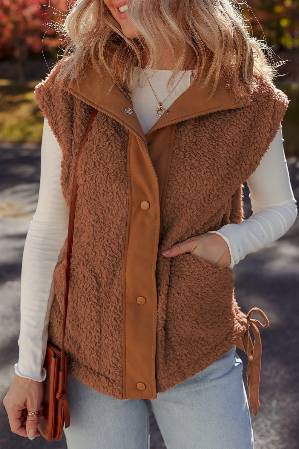 Cinnamon Faux Fur Snap Button Front Knot Side Plush Vest With Pockets