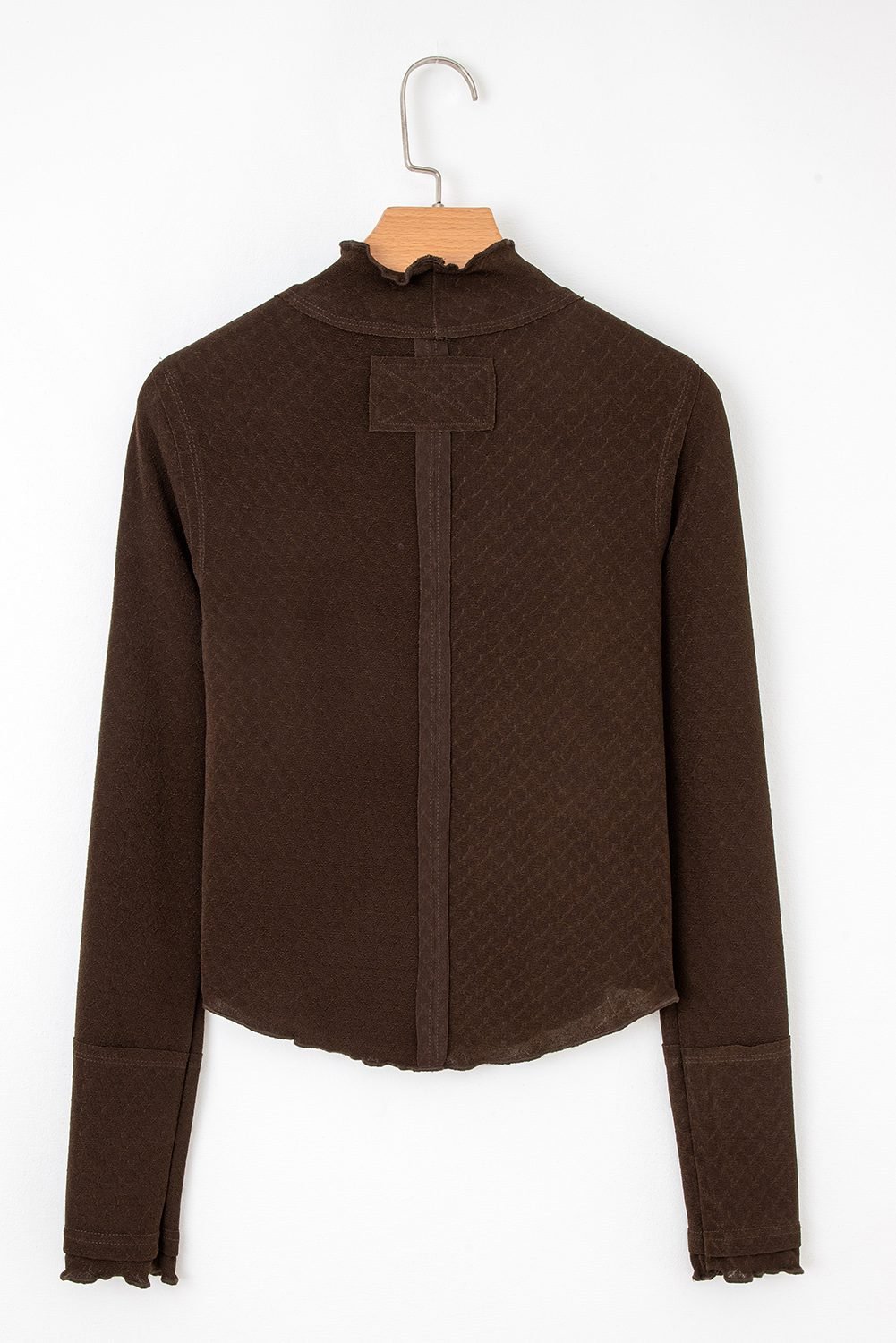 Cinnamon Lettuce Trim Raw Seam Patchwork Jacquard Long Sleeve Top