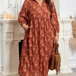 Cinnamon Plus Size Textured 3D Flower Pattern Ruffle Hem 3/4 Sleeve Long Dress