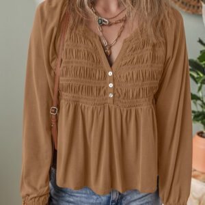 Cinnamon Smocked Bust Buttoned Split V Neck Flow Fit Blouse