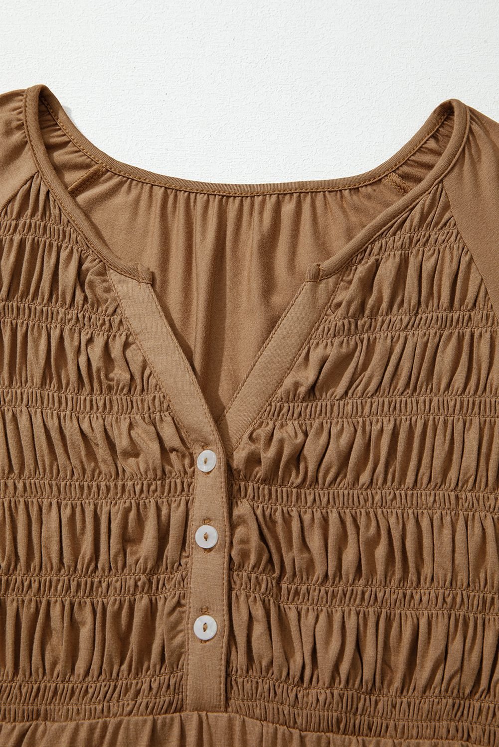 Cinnamon Smocked Bust Buttoned Split V Neck Flow Fit Blouse