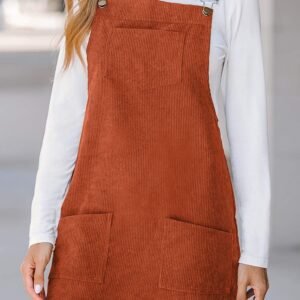 Cinnamon Solid Front Pockets Sleeveless Corduroy Overall Dress