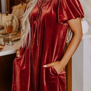 Cinnamon Velvet Smocked Neckline Puff Sleeve Shift Mini Dress