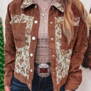 Clay Ribbed Retro Floral Patchwork Shirt Style Jacket