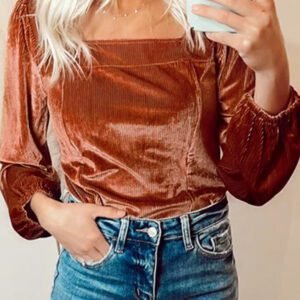 Clay Velvet Ribbed Texture Square Neck Slim Puff Sleeve Top