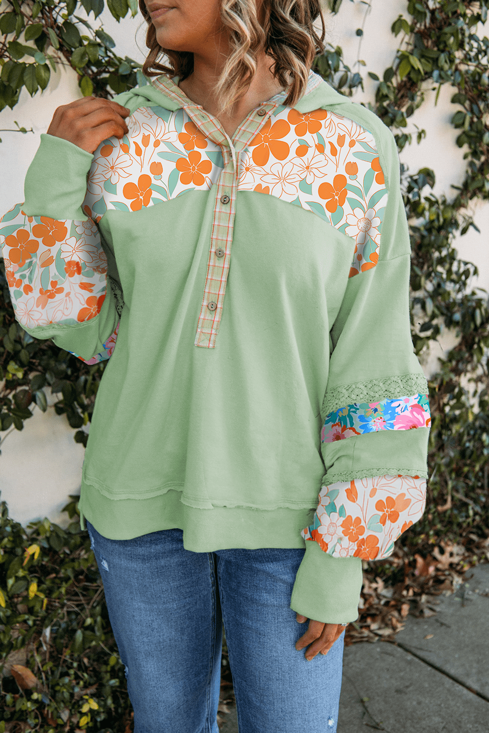 Clearly Aqua Lace Floral Patchwork Half Button Hooded Pullover